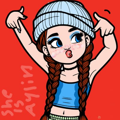 realistic teenage girl with braids and a beanie and crop top doing 🫶🏼