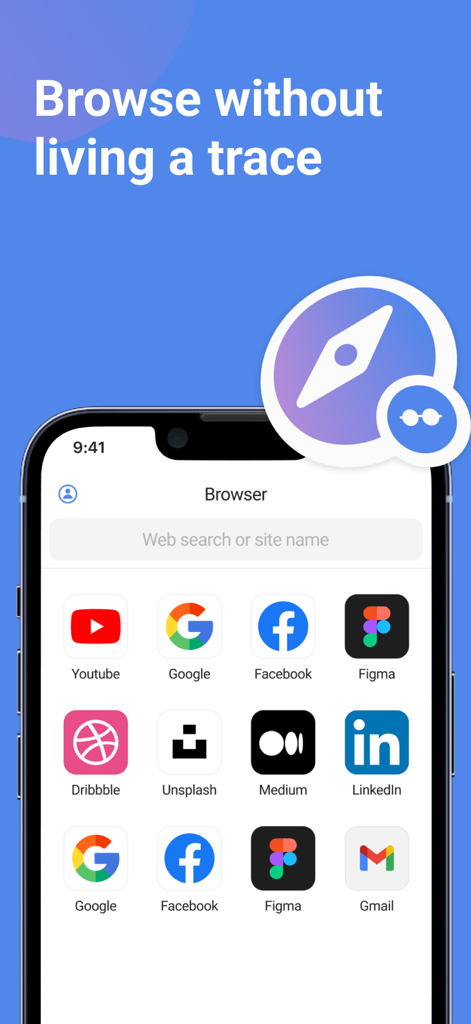 Secret Calculator, Photo Vault - An anonymous browser screen inside the Secret Calculator app with quick links to popular sites