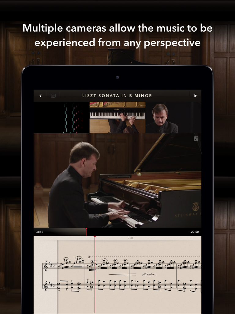 The Liszt Sonata - Captura de pantalla del iPad de la aplicación The Liszt Sonata mostrando a Stephen Hough tocando el piano con múltiples vistas de cámara y partituras.
