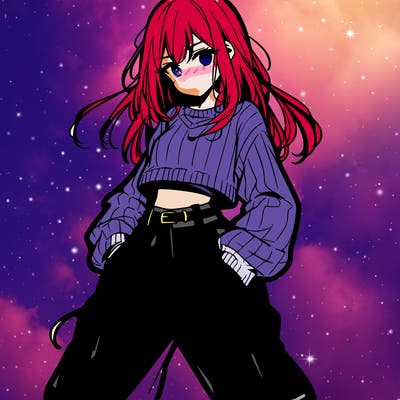 anime teen girl with baggy pants and crop top with sweater