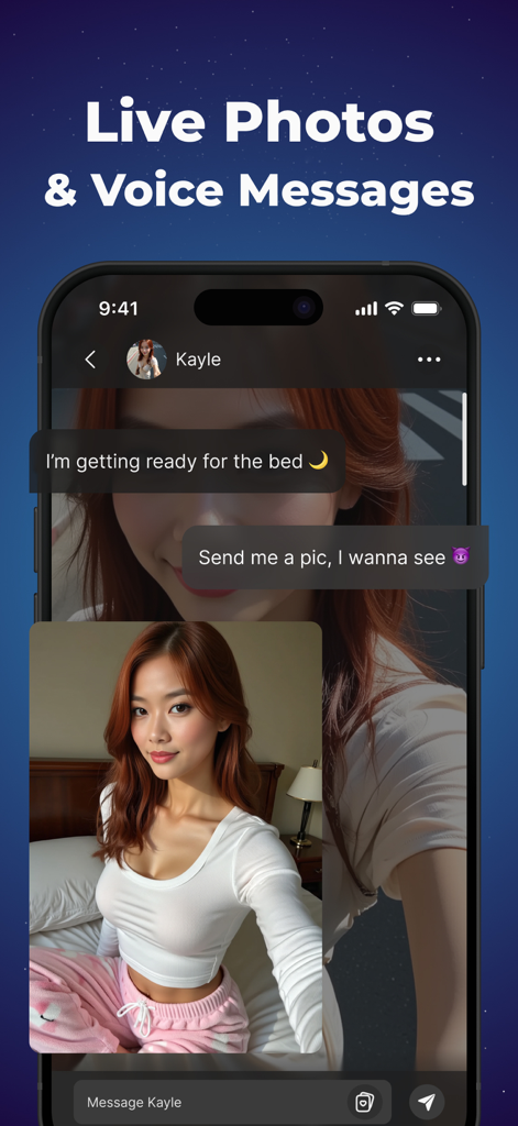 Dream Mate: AI Roleplay Chat - Mobile app interface of Dream Mate showing an AI character named Kayle sending a live photo in a chat conversation.