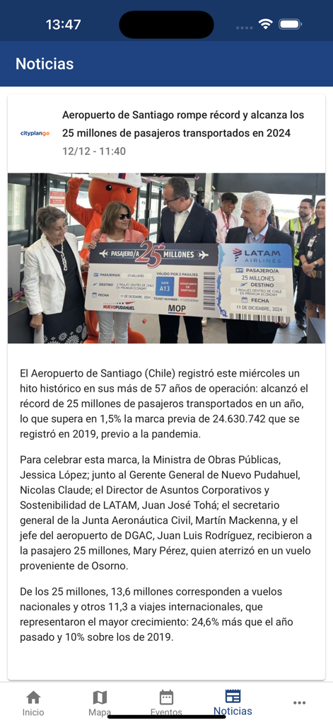 Cityplan GO - Captura de pantalla de la sección Noticias en la aplicación Cityplan GO que muestra un artículo de noticias sobre el Aeropuerto de Santiago alcanzando veinticinco millones de pasajeros.