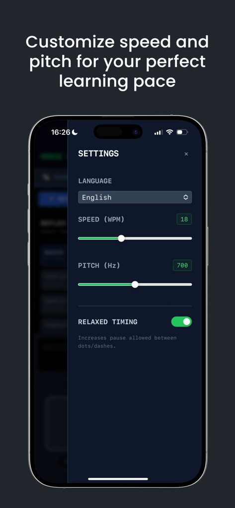 CW Morse Master settings screen showing controls for WPM speed and audio pitch