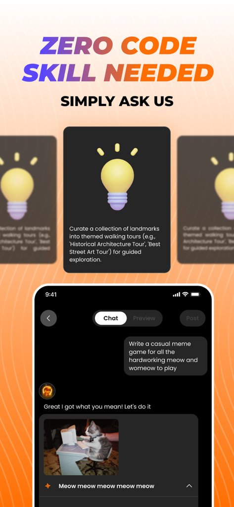 Rezona: AI Game Maker - Una captura de pantalla de la app Rezona que muestra una interfaz de chat donde un usuario crea un juego de memes simplemente pidiéndoselo a la IA