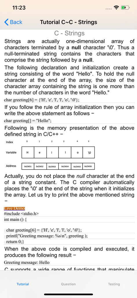 Una lección de la aplicación Tutorial de C que explica arreglos de cadenas y gestión de memoria con ejemplos de código y diagramas.