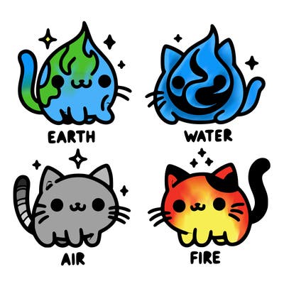 4 cats that represent the different elements, earth, water, air, and fire