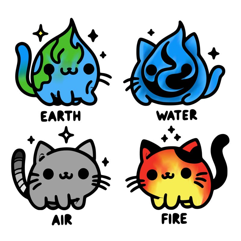 4 cats that represent the different elements, earth, water, air, and fire