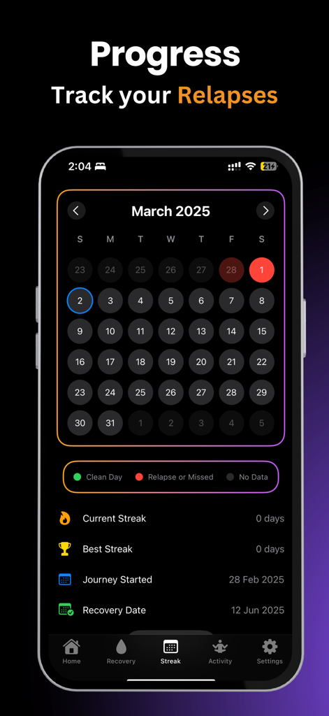 QuitHub - Quit Porn Now - Captura de pantalla de la pantalla de progreso de la aplicación QuitHub con un calendario mensual y estadísticas de seguimiento de rachas.