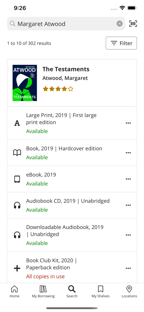 Search results for Margaret Atwood in the VPL Mobile library app showing various book formats and their availability
