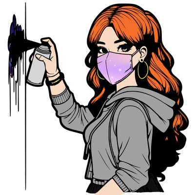 realistic girl with mask spray painting a wall