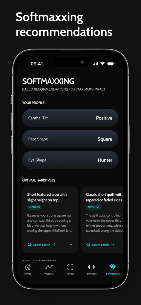Blackpill AI app screen displaying personalized softmaxxing tips and optimal hairstyle recommendations based on facial analysis.