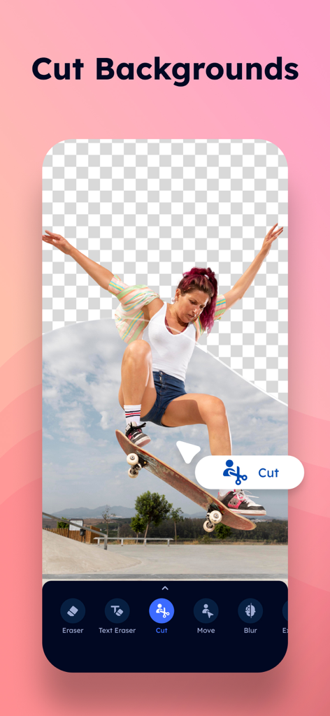 PixVibe: Magic Object Eraser - Captura de pantalla de una aplicación móvil de PixVibe que muestra a un skater con el fondo siendo recortado con la herramienta de IA