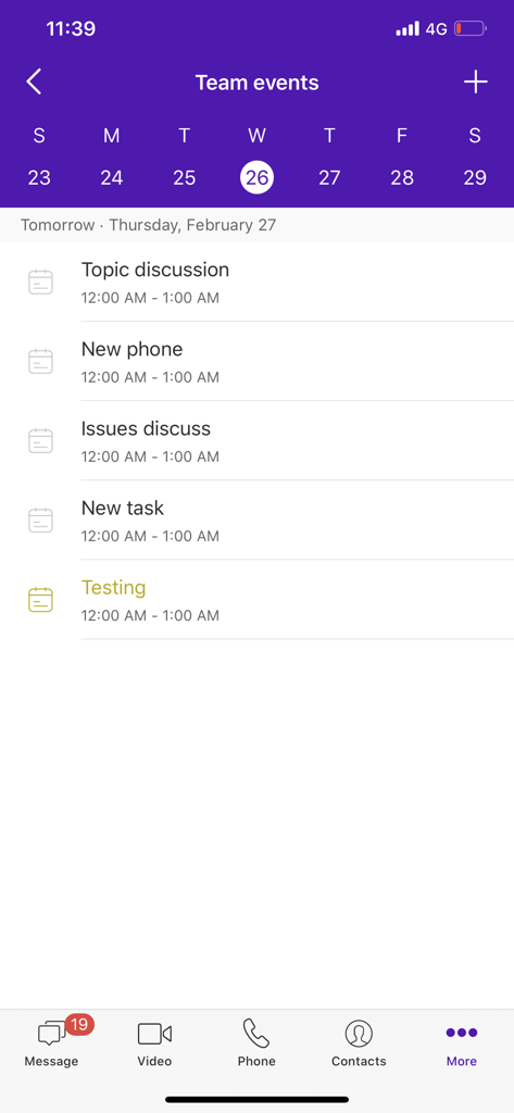 BT Cloud Work - Interface of BT Cloud Work app showing the Team events calendar and a list of scheduled work tasks.