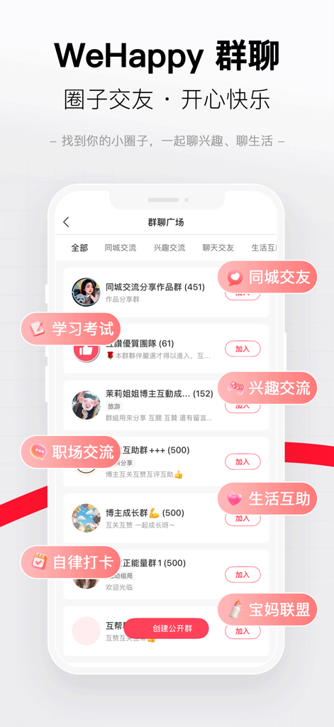 WeHappy - Connect & Share - WeHappyアプリのインターフェース。中国人コミュニティ向けのさまざまなグループチャットカテゴリを表示しています。