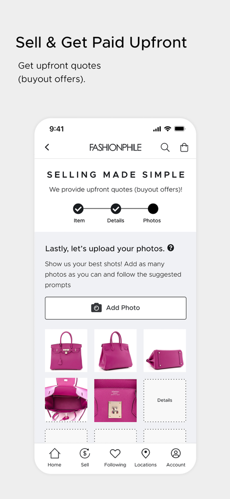 FASHIONPHILE - Interface of the FASHIONPHILE app showing the process of uploading photos for a luxury handbag buyout quote.