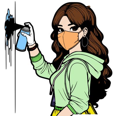 realistic girl with mask spray painting a wall