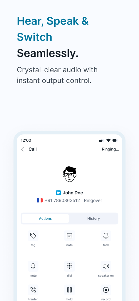 Ringover - Ringover mobile app call screen showing professional features like notes tasks and audio controls