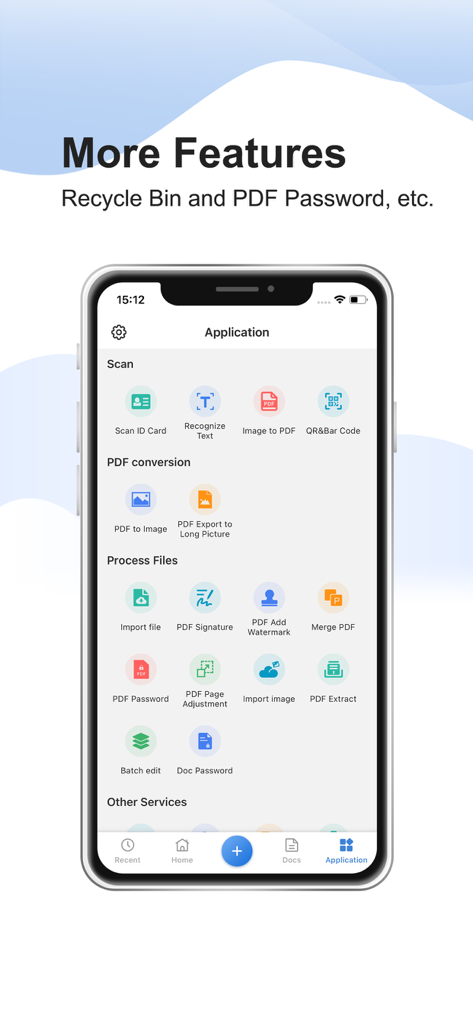 Interface de l'application Simple Scanner mettant en avant des fonctionnalités comme la conversion PDF, les signatures et la sécurité des documents.