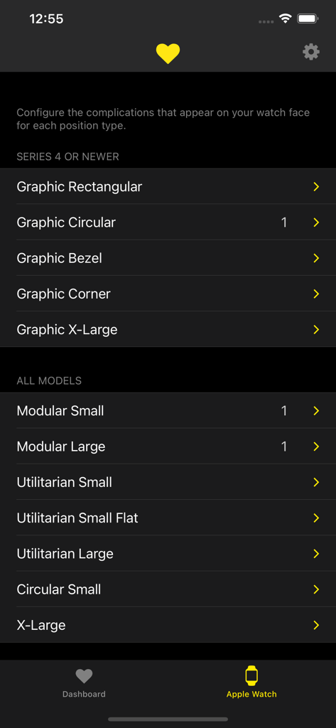 HealthFace - Menu for configuring Apple Watch complications in the HealthFace app