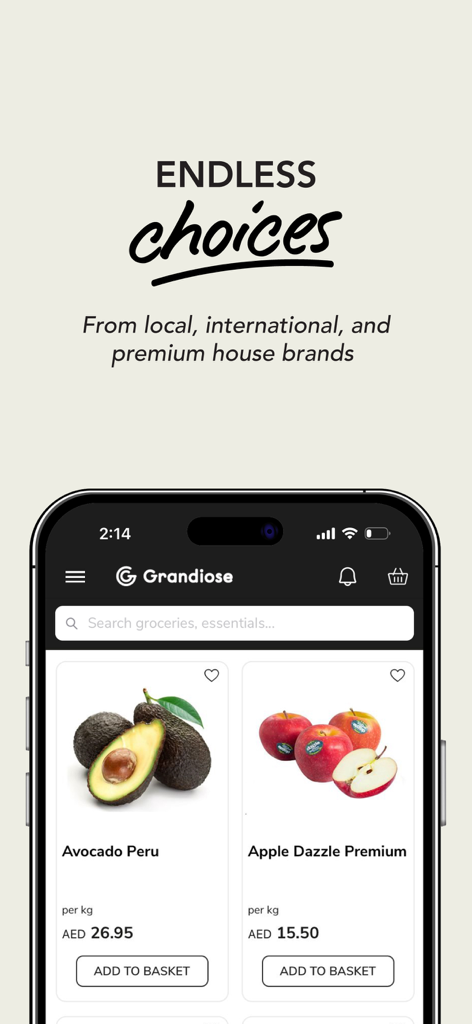 Grandiose Supermarket App-Oberfläche mit frischen Avocados und Äpfeln mit lokalen und internationalen Lebensmitteloptionen