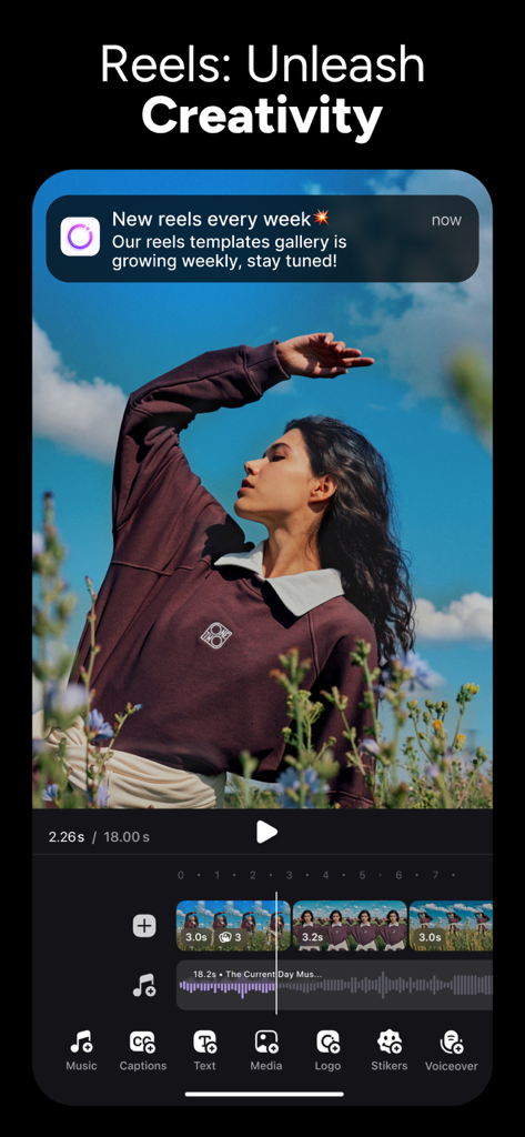 Mobile Benutzeroberfläche der Instories-App, die Videobearbeitungswerkzeuge für Instagram Reels mit einer Zeitleiste und kreativen Optionen zeigt