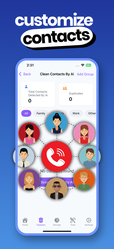 Cleaner - Ai Phone Optimizer - AI Phone Cleaner app screen showing contact organization and duplicate detection features.