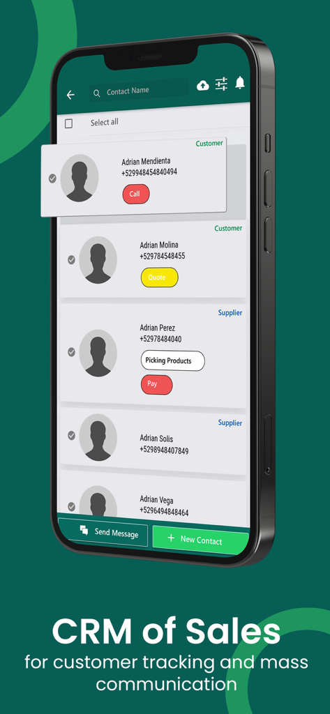 Catálogo Digital, Tienda y TPV - Interface de aplicativo móvel para CRM de vendas mostrando gerenciamento de contatos de clientes e fornecedores.