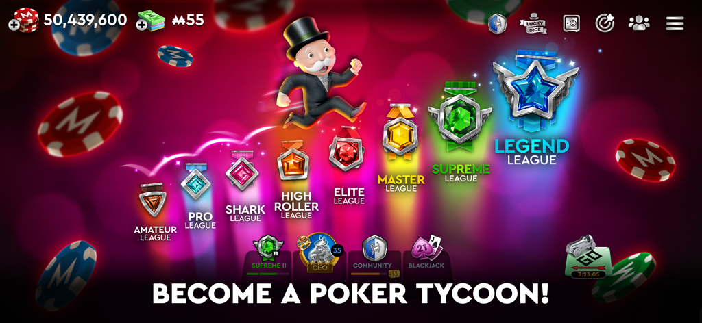 MONOPOLY Poker - Texas Holdem - Mr. Monopoly character running through various poker league levels from Amateur to Legend