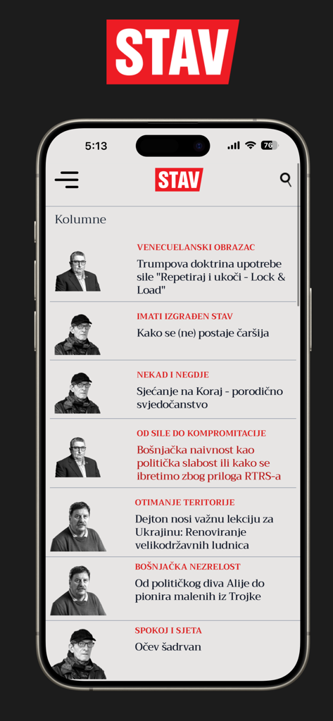 Interfaz de la aplicación Stav mostrando una lista de artículos de columna con fotos de autores.