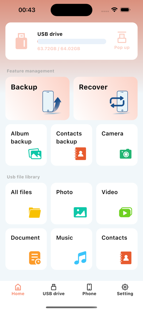 LinkBack - LinkBackアプリのホーム画面。USBドライブのストレージとバックアップオプションが表示されています