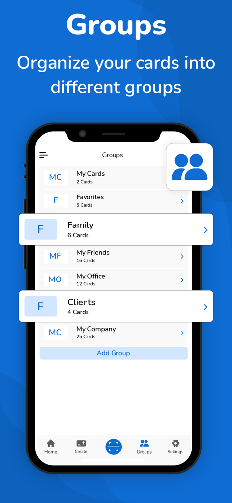 Business Card Scanner + Reader - Interface of the business card scanner app showing contact categorization into groups like clients and office.