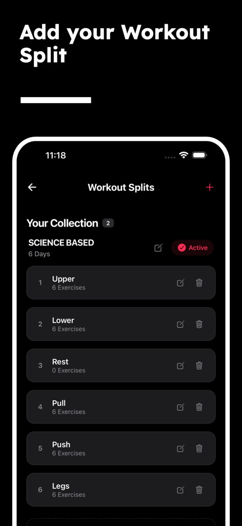 Lift Card app screen showing a list of workout splits including upper and lower body sessions