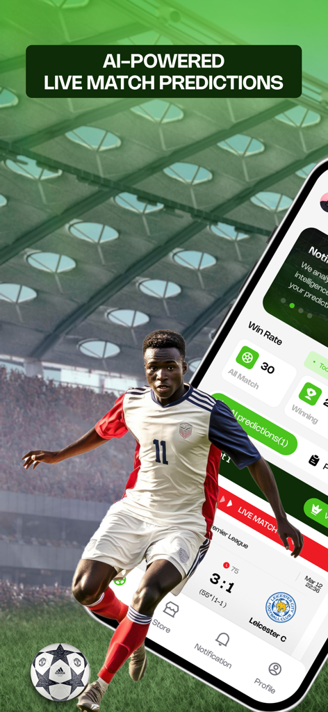 GoalGPT - GoalGPT app interface showing AI-powered live match predictions and win rate statistics