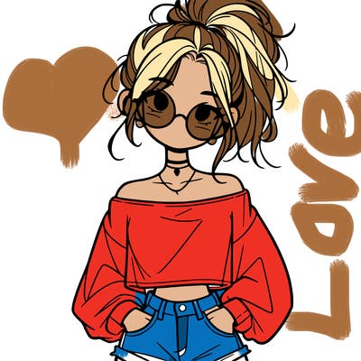 girl with a messy ponytail glasses a baggy crop top and jean shorts