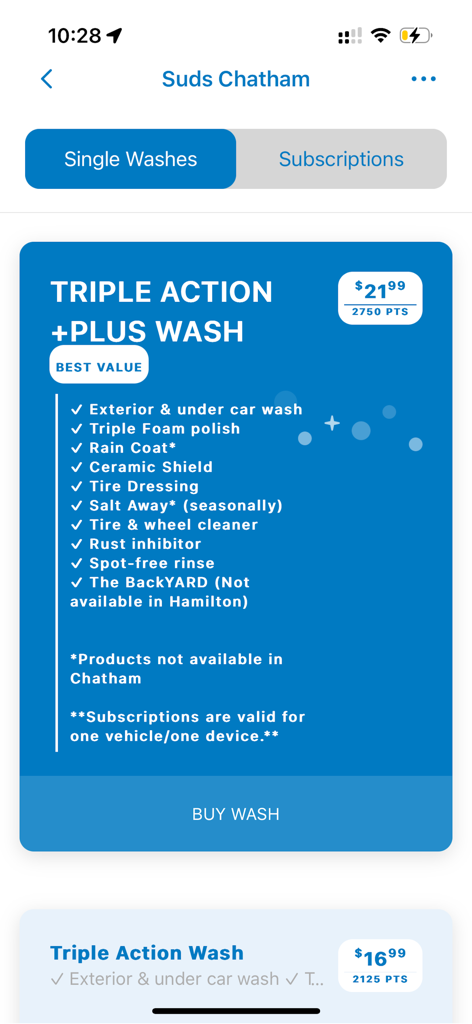 Suds Car Wash - Tarifs et fonctionnalités du lavage Triple Action Plus sur l'application Suds Car Wash.