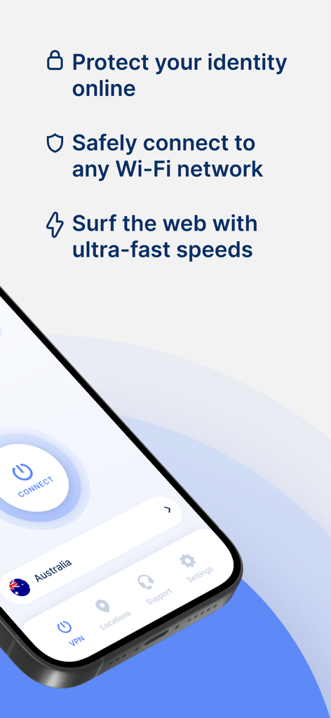 Interface do aplicativo RAV VPN em um iPhone mostrando recursos para proteção de identidade, Wi-Fi público seguro e velocidades de navegação ultrarrápidas