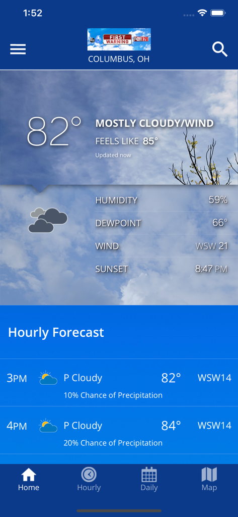 OHIO WX - Interface do aplicativo de tempo OHIO WX mostrando condições atuais e previsão horária para Columbus