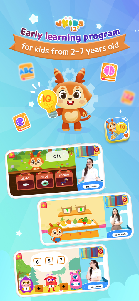 Vkids IQ early learning program interface showing educational games for vocabulary and math for kids aged 2 to 7.