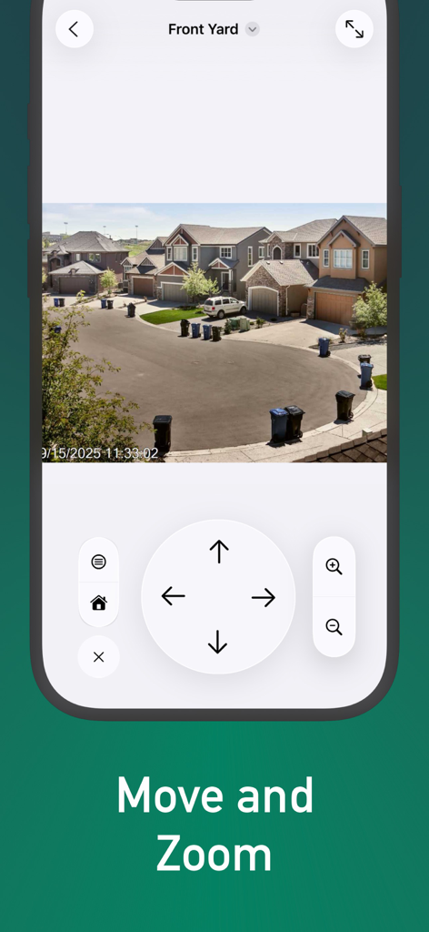 IPCams-App-Benutzeroberfläche zeigt Schwenk-, Neige- und Zoom-Steuerungen für einen Sicherheitskamera-Feed eines Vorgartens in einer Vorstadt.