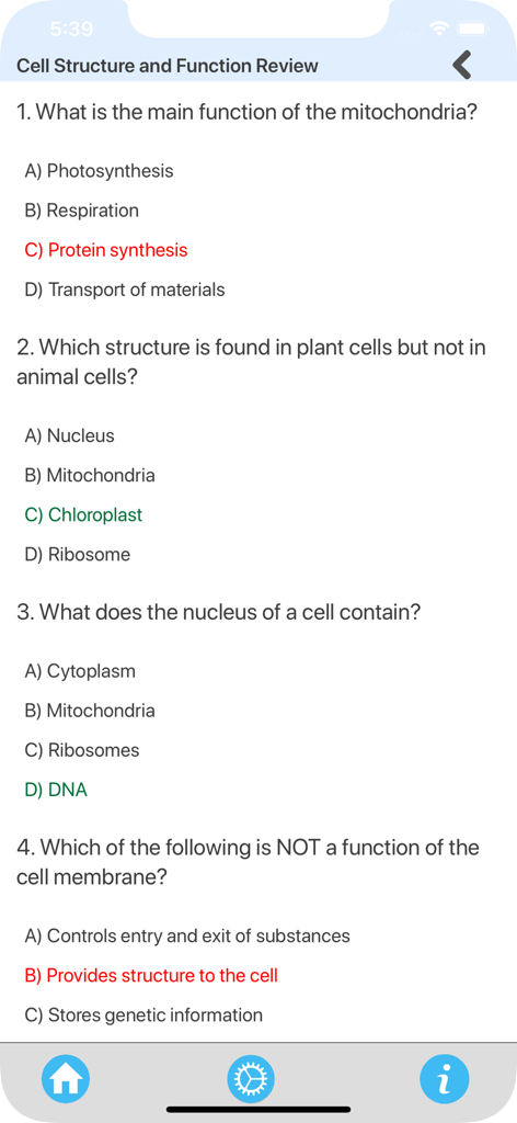 GCSE Biology Quiz Master - A biology quiz screen showing multiple choice questions about cell structure and function with correct and incorrect answer indicators