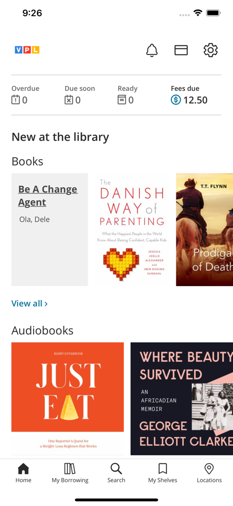 Home dashboard of the Vancouver Public Library app displaying account status fees and new book recommendations