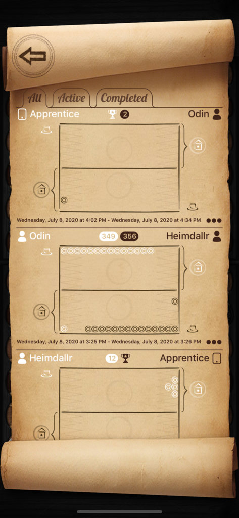 Narde ∞ - Eine Liste gespeicherter Spiele in der Narde-App, angezeigt auf einer Pergament-Scroll-Oberfläche.