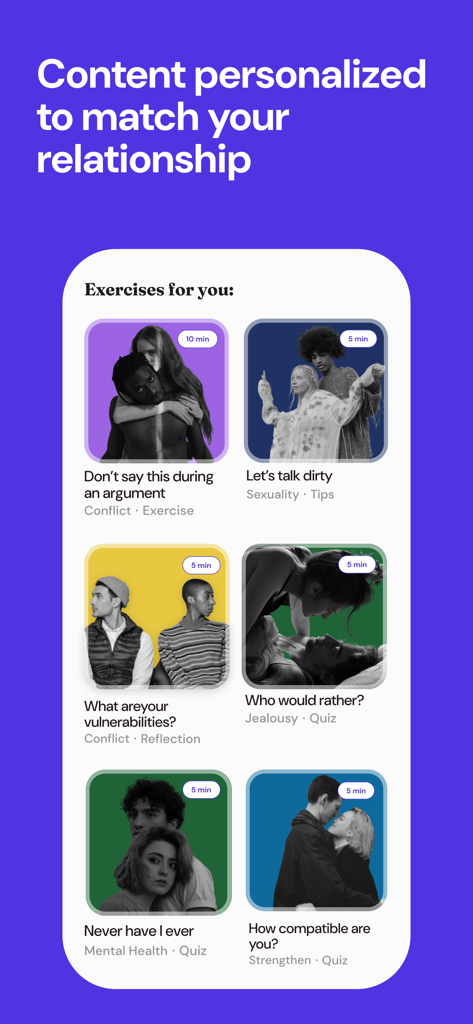 recoupling: relationship, love - Captura de tela do aplicativo recoupling mostrando exercícios e questionários de relacionamento personalizados para casais, como Exercício de Conflito e Dicas de Sexualidade.