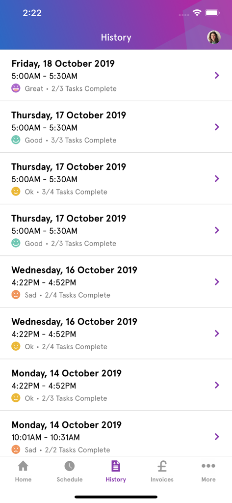 Cera Care - History screen of the Cera Care app displaying a list of care visits with dates and task progress