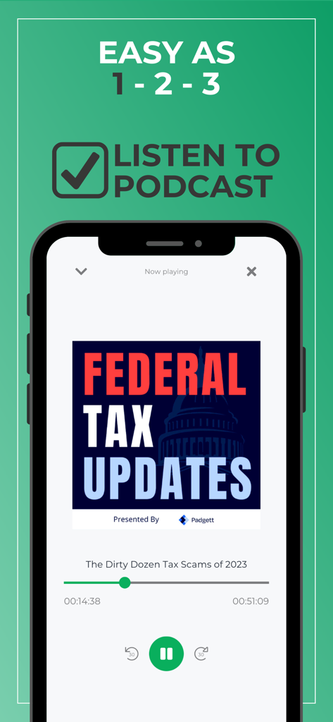 Earmark - Smartphone screen showing the Earmark app playing an accounting podcast for CPE credits.