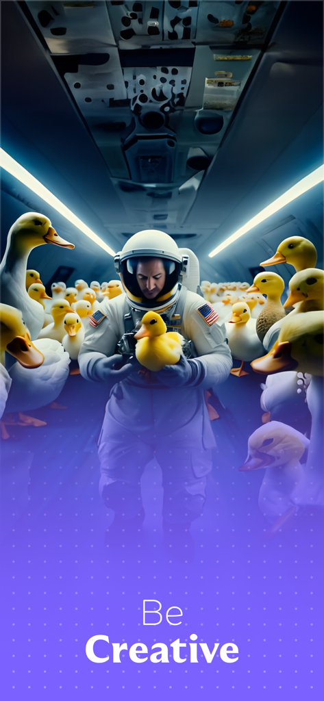 Haiper AI・Video, Photo Creator - A surreal AI generated image of an astronaut in a plane cabin full of ducks
