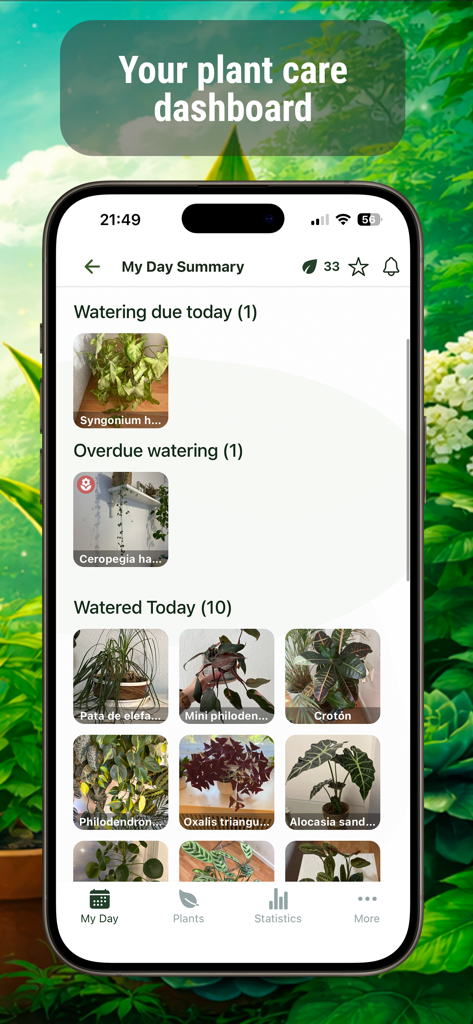 Plant Watering: Smart Reminder - Panel de cuidado inteligente de plantas con recordatorios diarios de riego y resumen de plantas