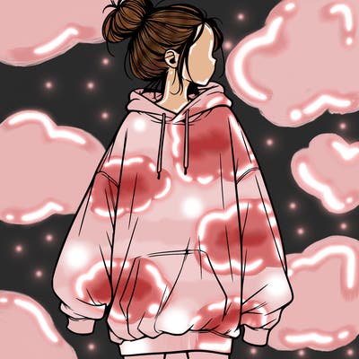 realistic girl with a oversized sweatshirt on and a bun