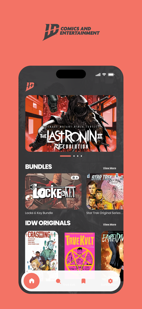 IDW Digital Comics Experience - Home screen of IDW Digital Comics app showcasing TMNT The Last Ronin banner and comic bundles