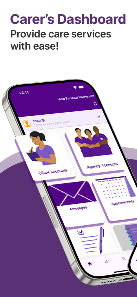 My Virtual Carer - Care App - Carer's Dashboard showing options for client accounts agency accounts messages and appointments